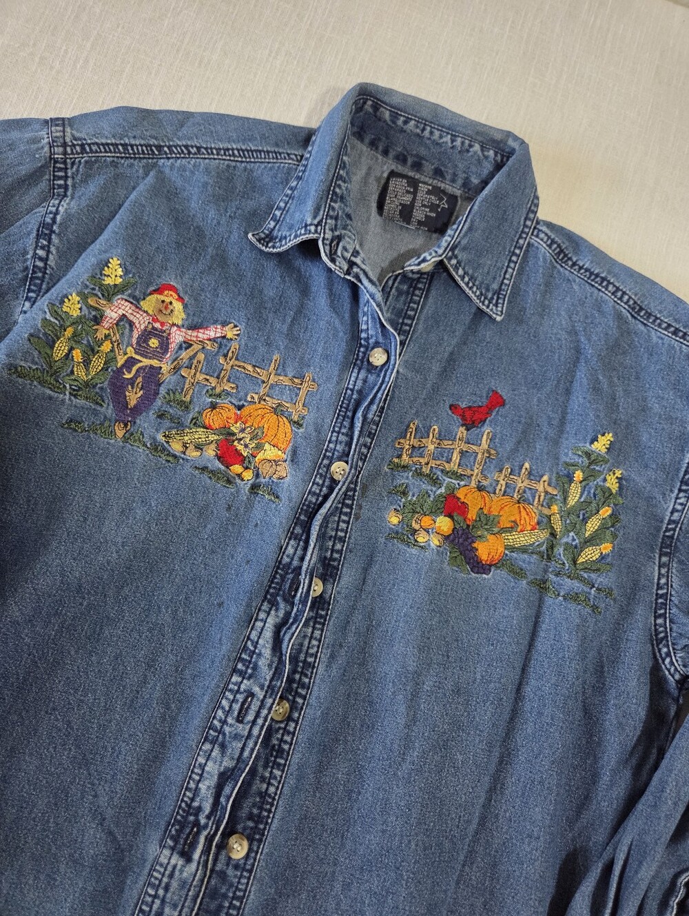 Vintage Halloween Fall Harvest Denim Button-Up Shirt Autumn Embroidery Medium